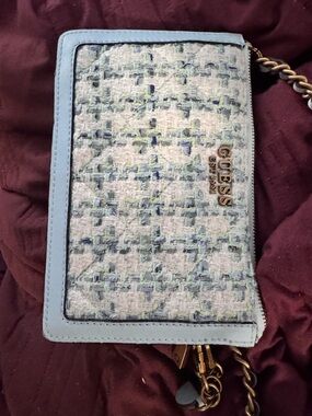 GUESS Light Blue Tweed Wristlet with Gold Hardware